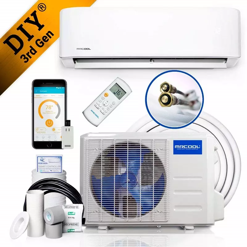 look inside the ductless mini split air conditioner with air filter, blower, evaporator, and the outside unit with condenser coils and compressor