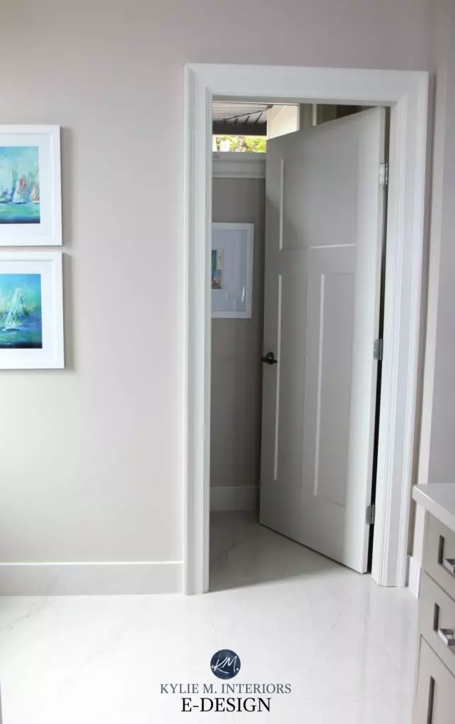 Best gray paint colour, Benjamin Moore Balboa Mist and Escarpment in bedroom and bathroom.