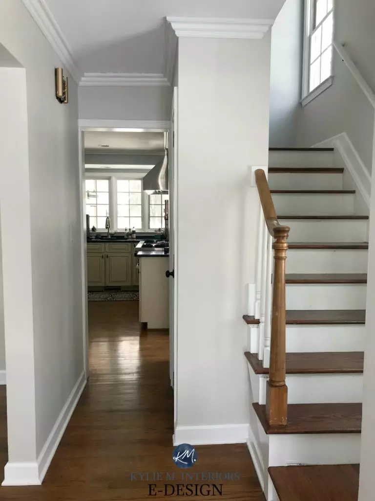 Benjamin Moore Balboa Mist, entryway and stairs, dark wood flooring and railing.