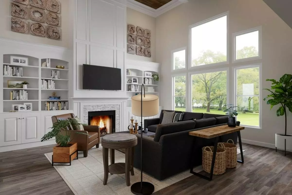 Baskets and bookshelves offer storage in this family-friendly home by Decorilla designer, Casey H.