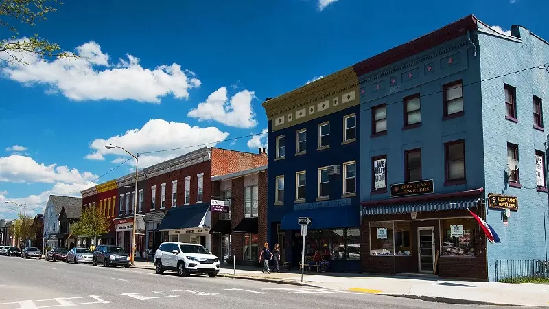 Buildings lining the Great Miami River in Dayton, Ohio.