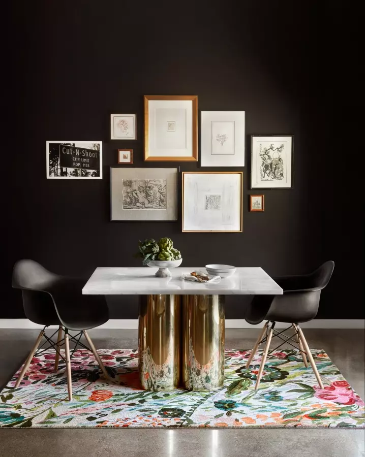 statement patterned rug urban dining room