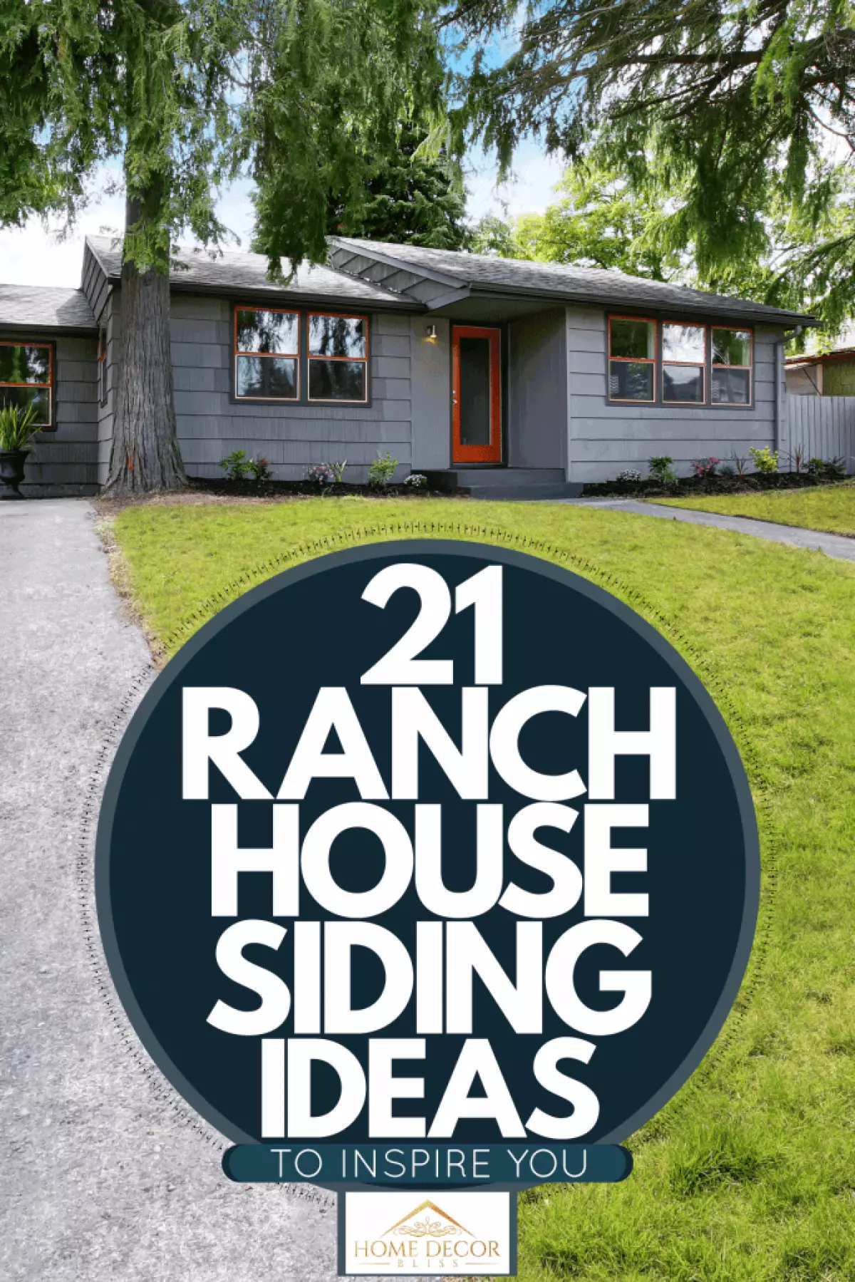 Stunning gray single storey ranch house with polished windows, orange front door, and gray roofing