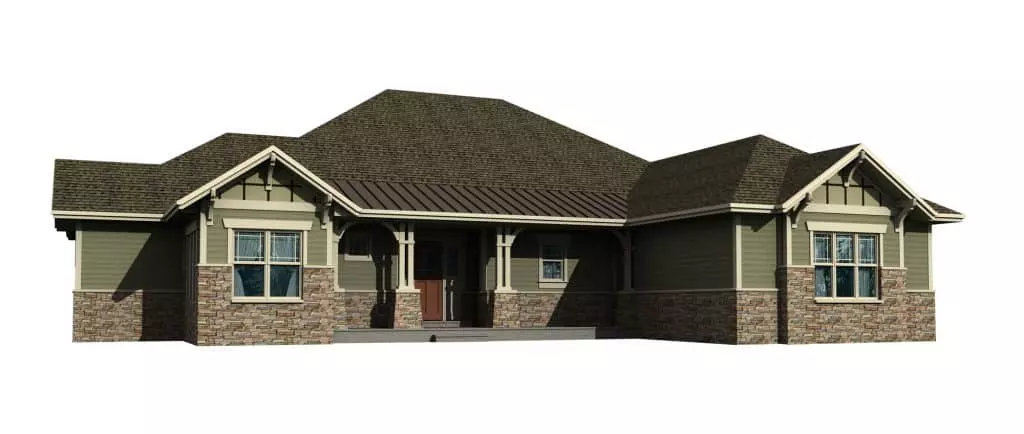 A modern ranch house with green painted siding, shingle roofing, and brick stone decorative cladding