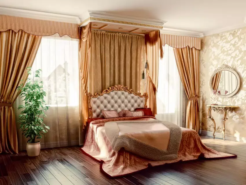 Bedroom with gold tie-up curtains