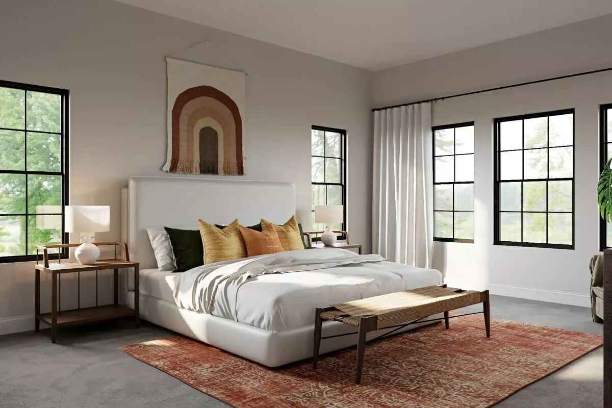 Mediterranean style bedroom with a white and neutral color scheme