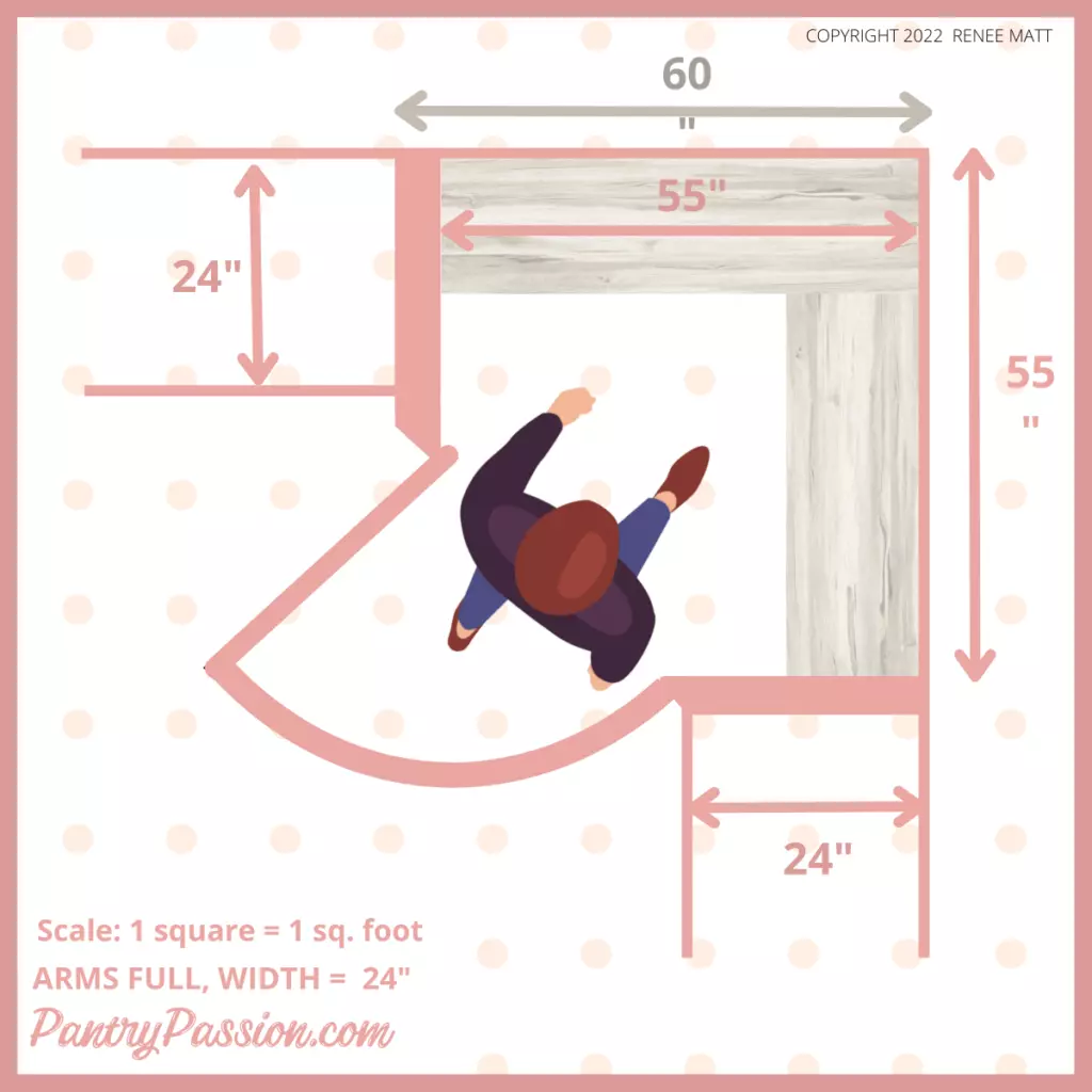 Corner pantry 55" dimensions, 45° angle door.