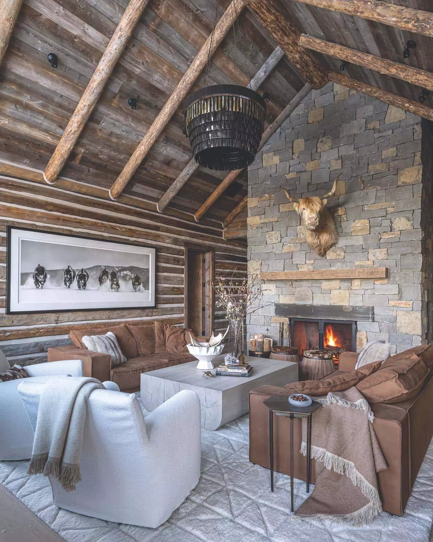 modern rustic living room with a fireplace