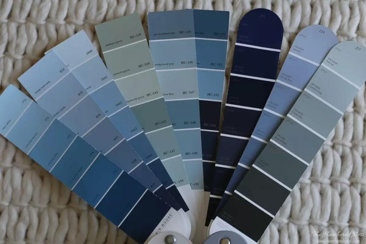 blue paint swatches fanned out in a paint deck