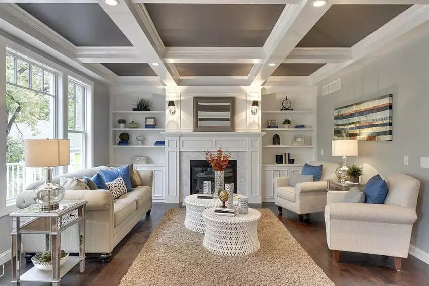 Room with white bookshelves, shag carpet, wood floors and chandelier