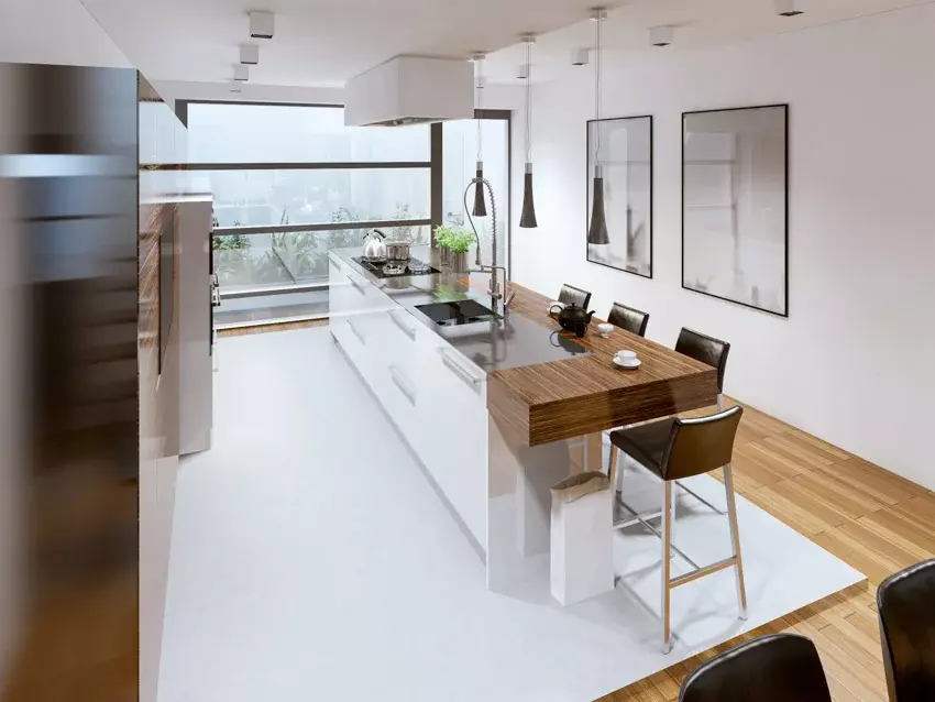 Kitchen with quartz counter, polished floors and backsplash