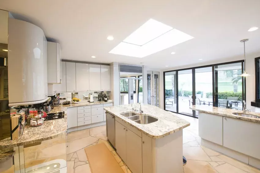 Kitchen with cabinets, center island, skylight and wet bar