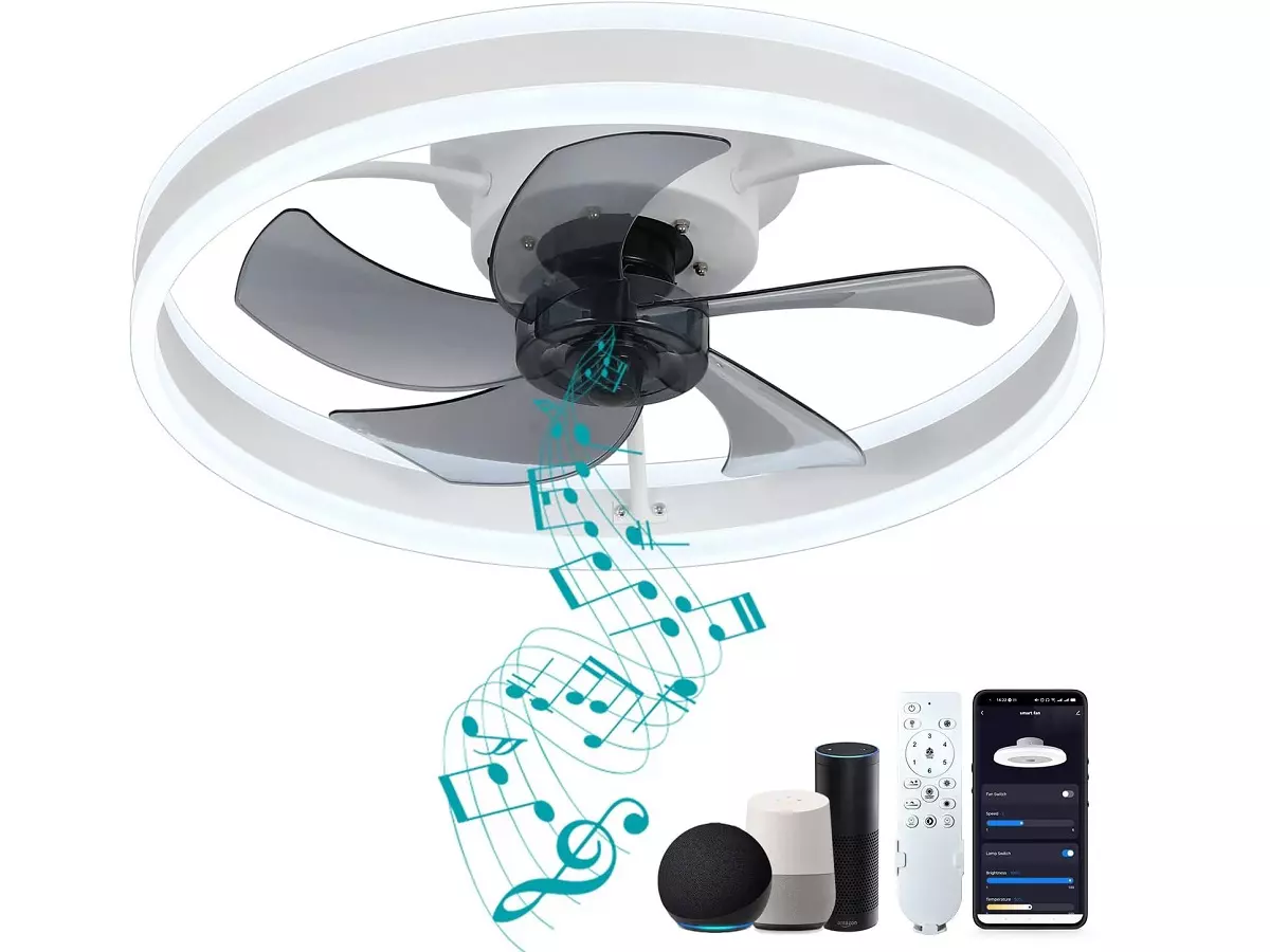 DewShrimp Wi-Fi Ceiling Fan with its remote.