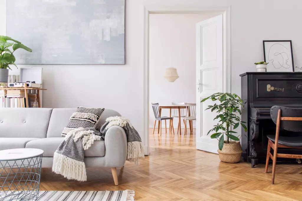 Modern Scandinavian living room with sofa and elegant blanket