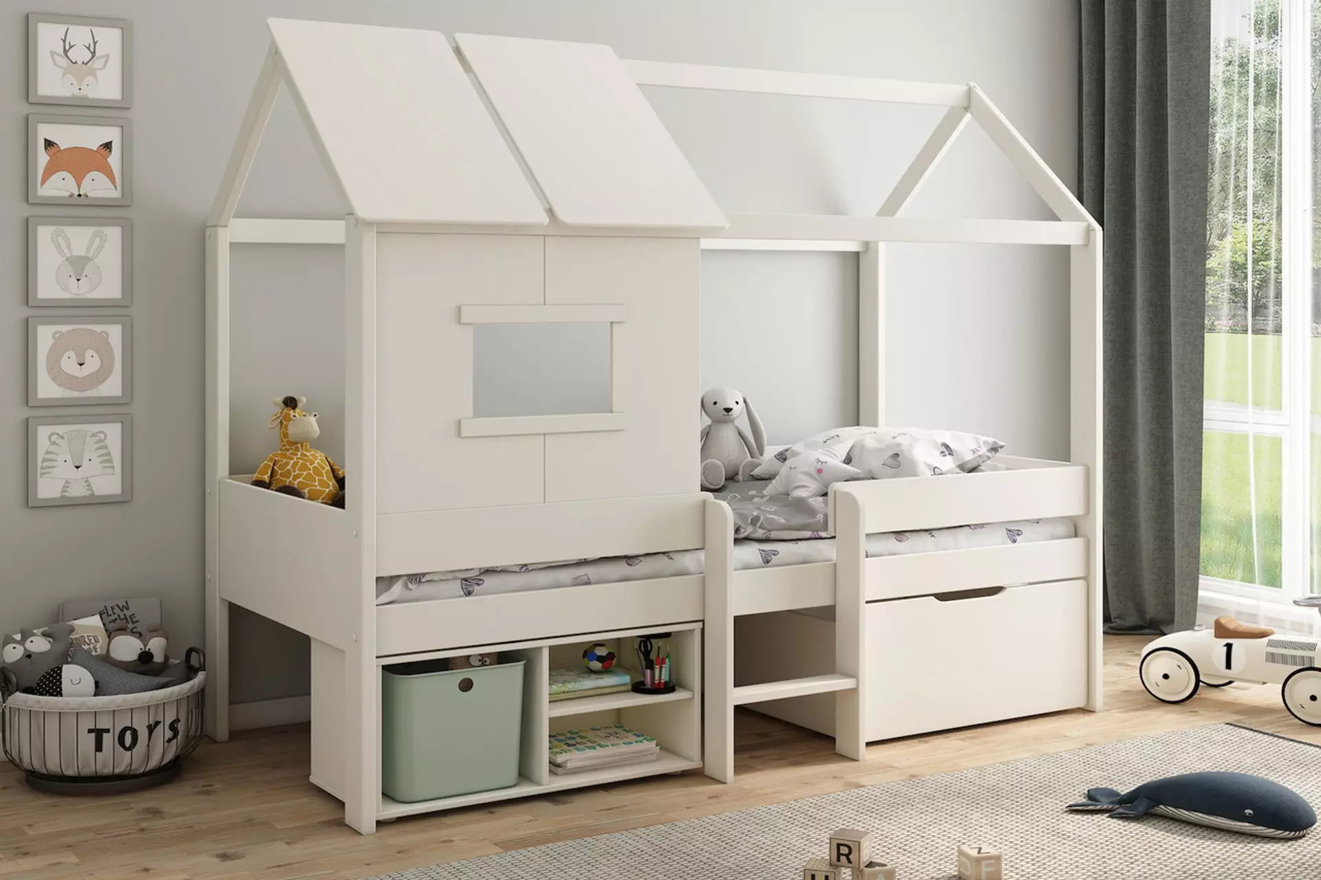 Skye Playhouse Single Wooden Midsleeper Bedframe and Mattress in white