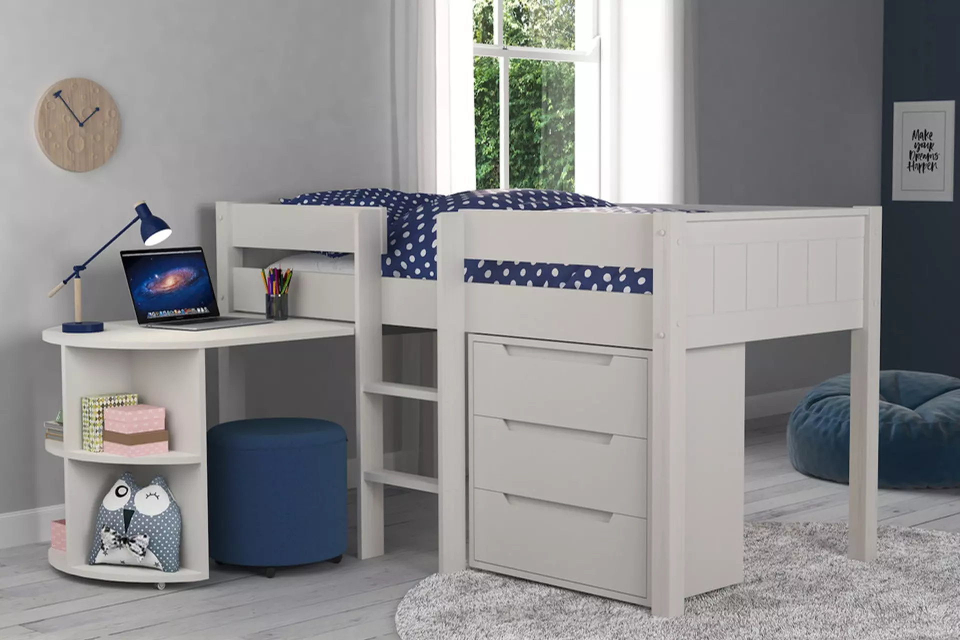 Stompa Auburn White Wooden Mid-sleeper bedframe with 3 drawer chest of drawers for storage and a desk with shelves