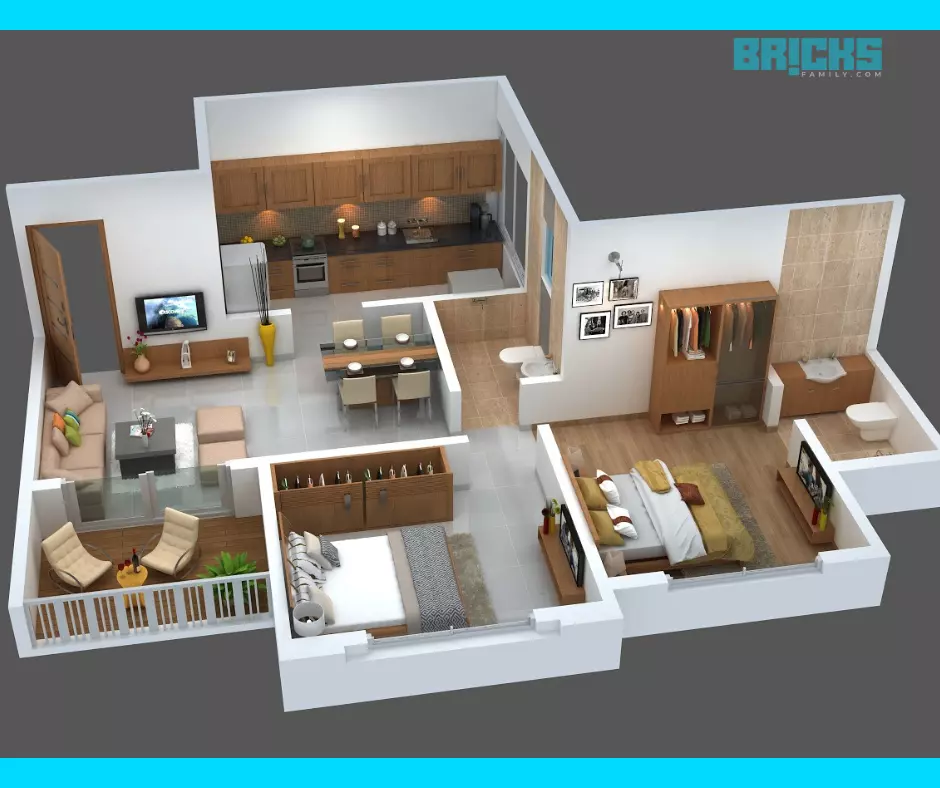 3D Floor Plan of a 2BHK apartment