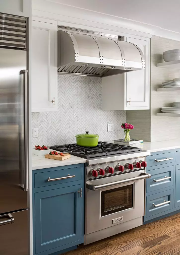 English kitchen with blue cabinets