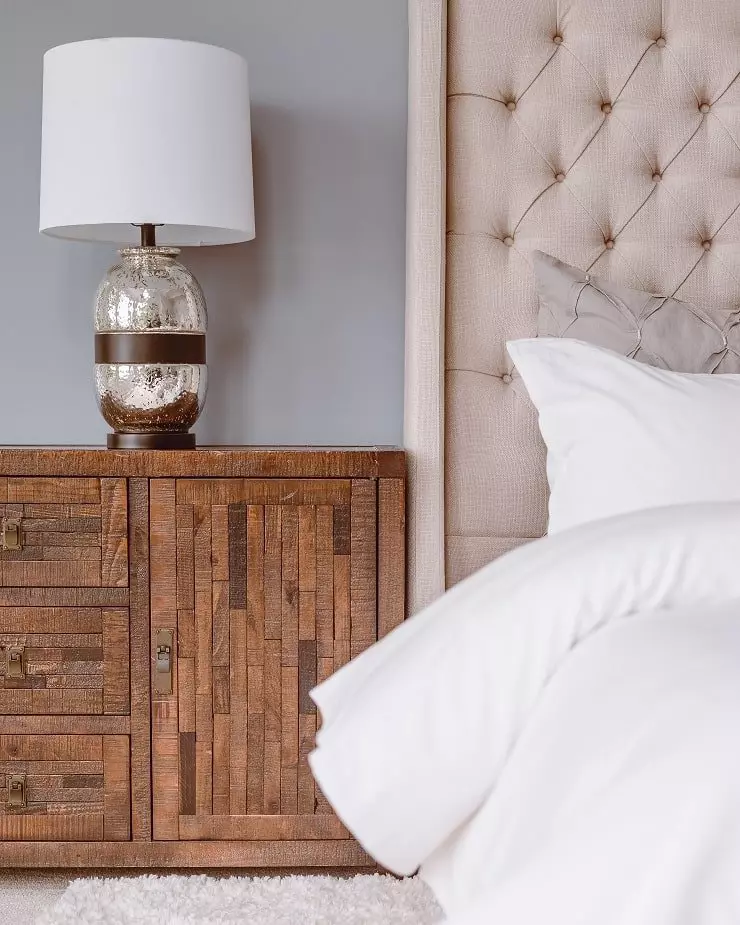 Bedroom with Dark Salvaged Wood Nightstand