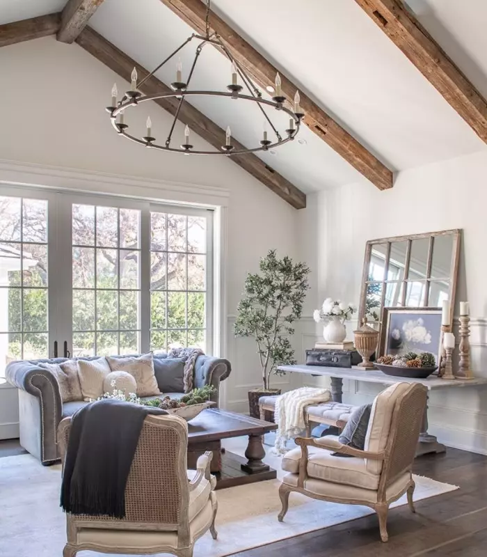 French Farmhouse Living Room - A Brass Chandelier