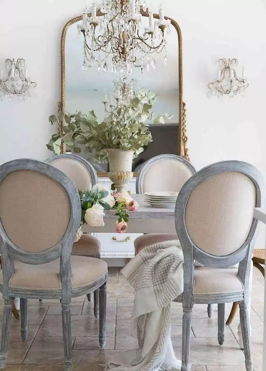 Vintage Brass Chandelier in French Country Dining Room