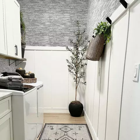 Small Laundry Room Space with Tropical Wallpaper