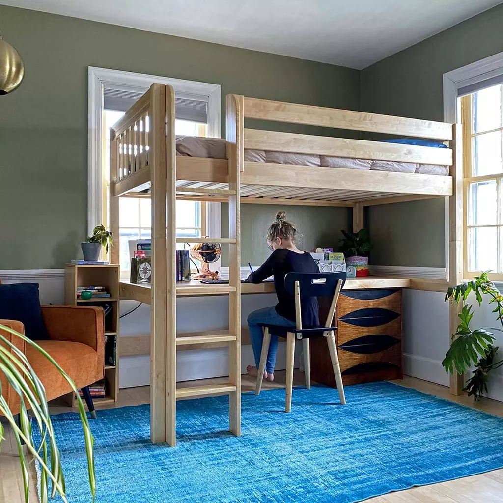 study desk with storage under queen loft bed