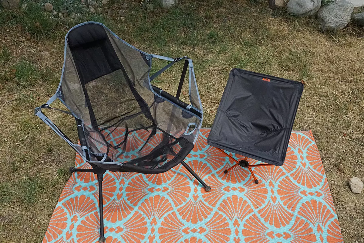 Nemo Stargaze Recliner camp chair (next to REI Flexlite Air)