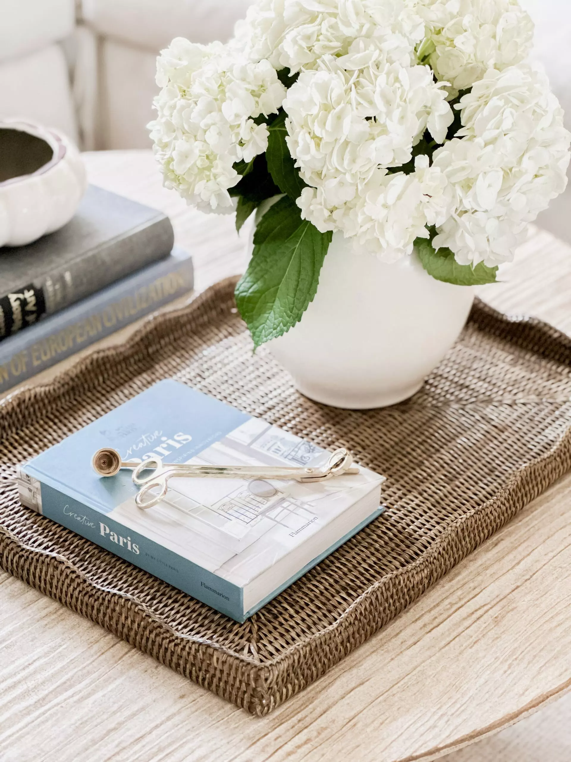 Rattan tray in living room on coffee table.