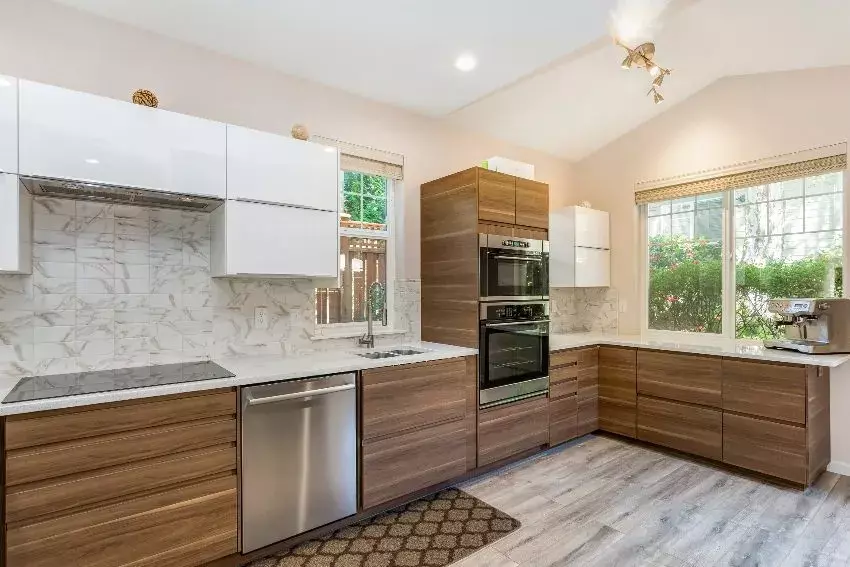 Kitchen interior with softwood plywood cabinets