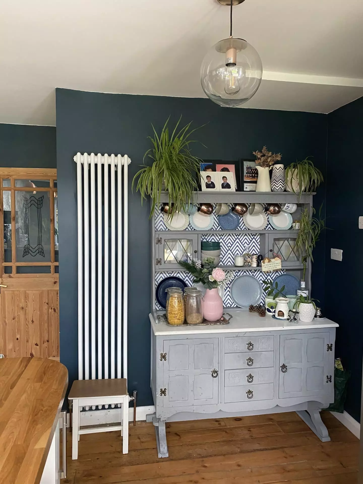 Our painted dresser in the kitchen. I liked how the Hague Blue wall provided a contrasting background for the dresser.