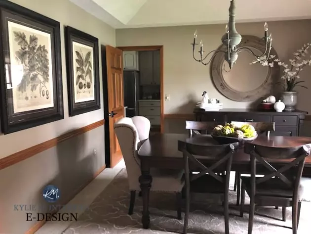 Living room with dark wood beams, trim, and TV stand