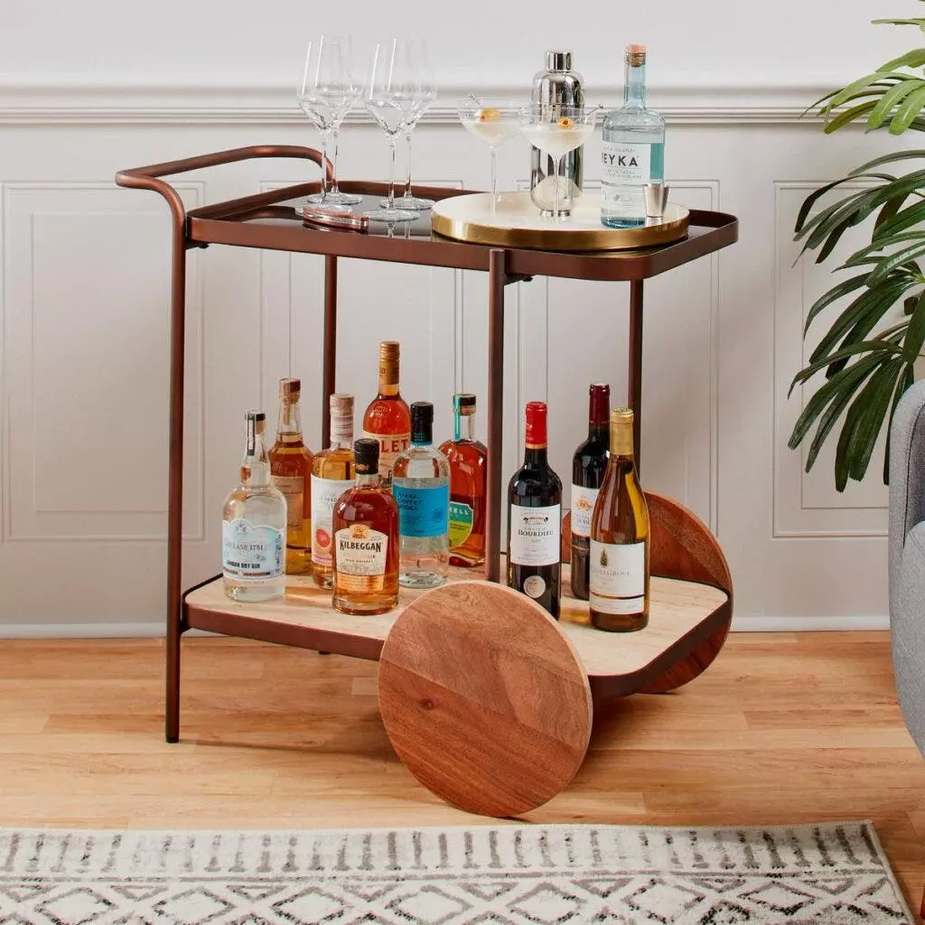 Alsace Aged Bronze and Travertine Bar Cart