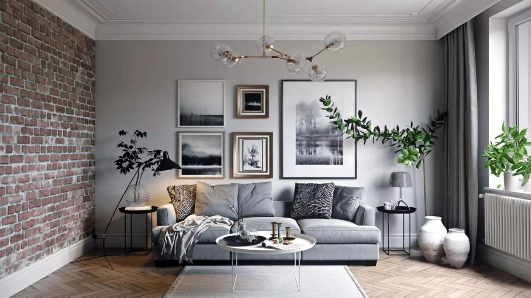 Red brick accent wall in a monochromatic gray living room.