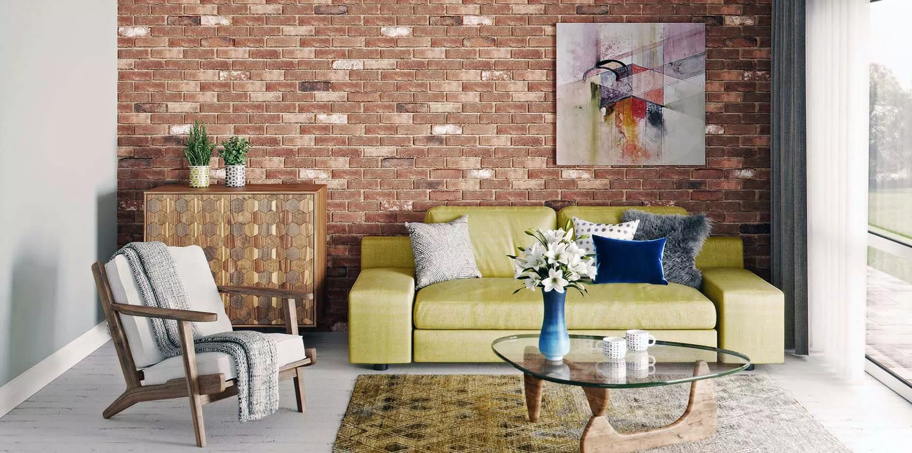 Beautiful living room featuring gray walls and red brick. White-washed wood flooring.