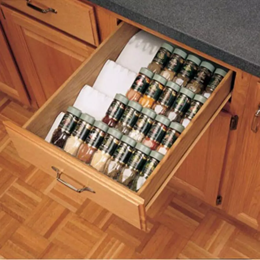 spice rack in a pull out drawer | Innovate Home Org | Columbus Pantry | Dublin, OH Pantry | #PantryOrganizers | #ContainerStore #Rockler