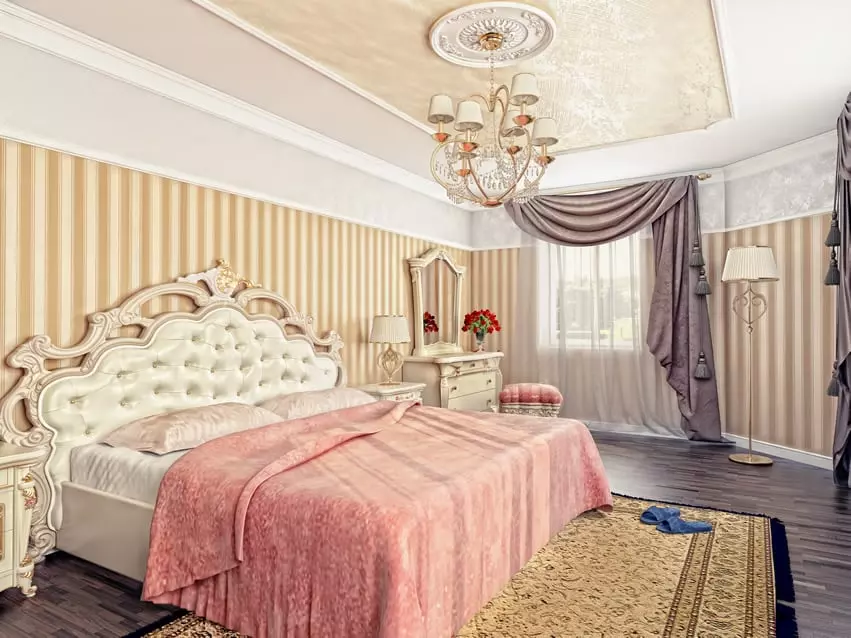 Bedroom with large curtained windows