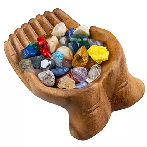 'Curawood Carved Hands Offering Bowl - Showcase Your Healing Stones - Crystal Holder for Stones - Key Bowl - Crystal Storage Tray - Decorative Hand Bowl for Rock Display - Crystal Shelf Display Stand'