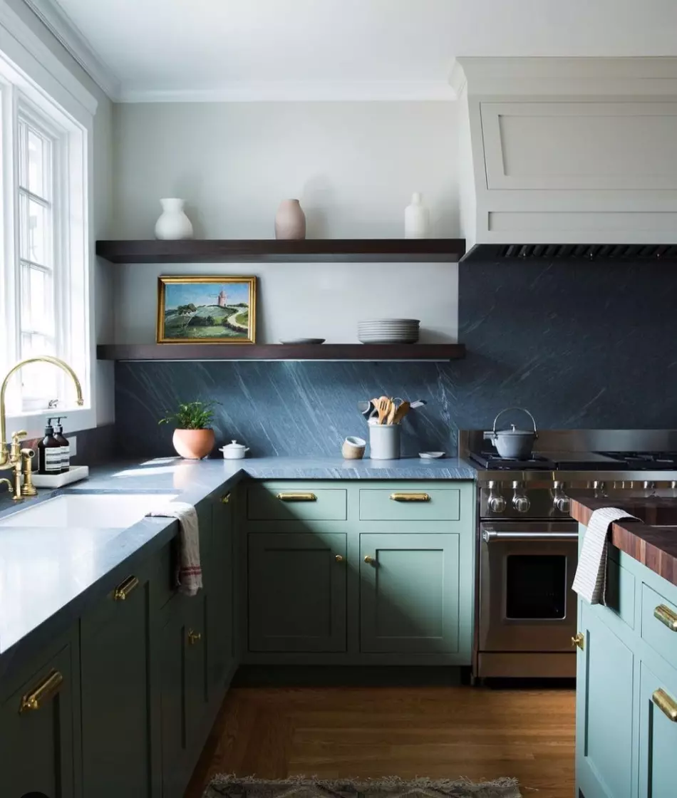 white backsplash green cabinets