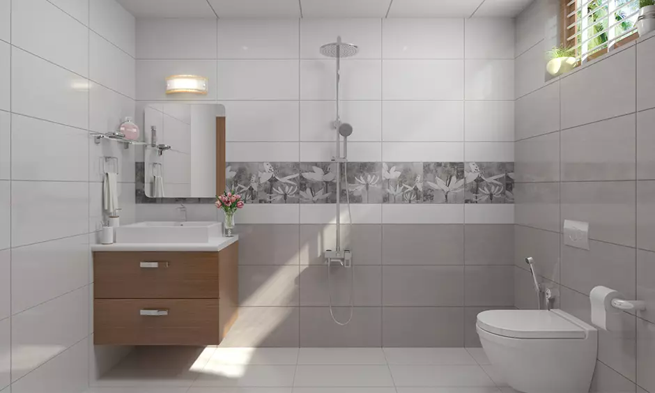 Simple bathroom tile design that is laid out in a brick pattern and features a soft white color