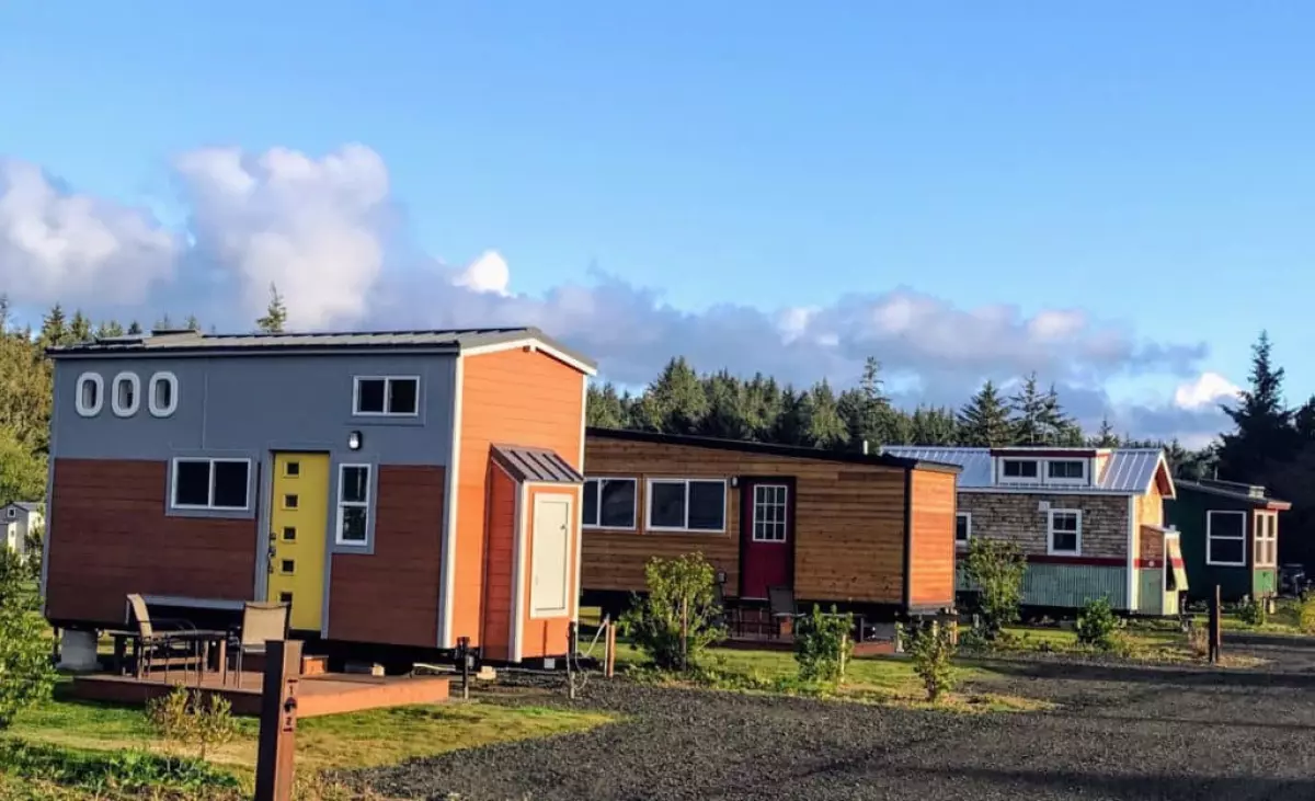 Tiny Houses Parked in a row in one of Oregon's tiny house communities