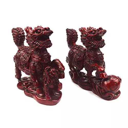 Feng Shui 2pcs Imitation Mahogany Chi Lin Qi Lin Chinese Dragon Horses Statue A2007