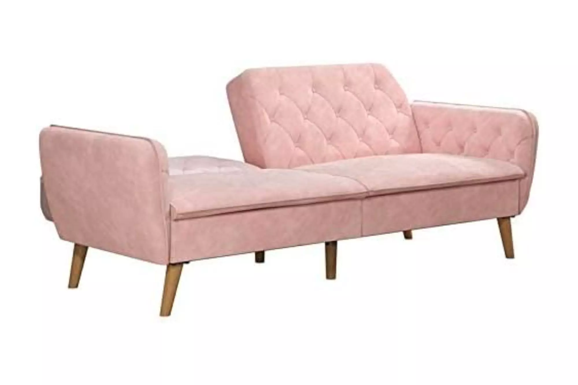 Light pink velvet sleeper sofa, half way open.