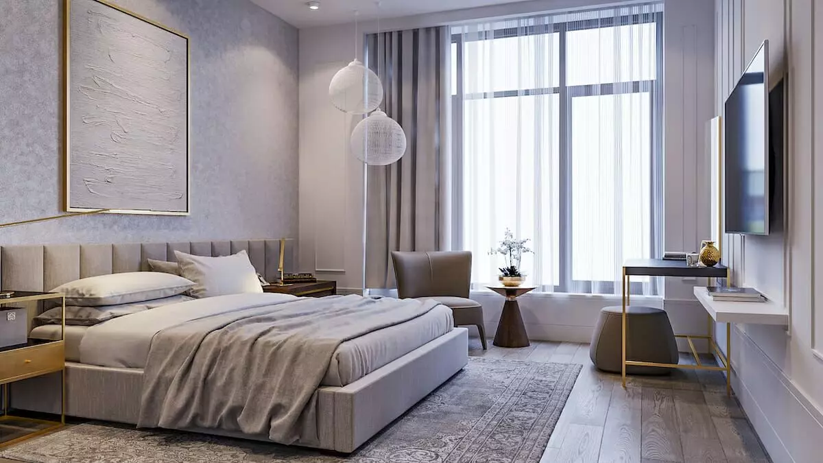 Soft Gray masculine bedroom ideas by Decorilla designer Mladen C.