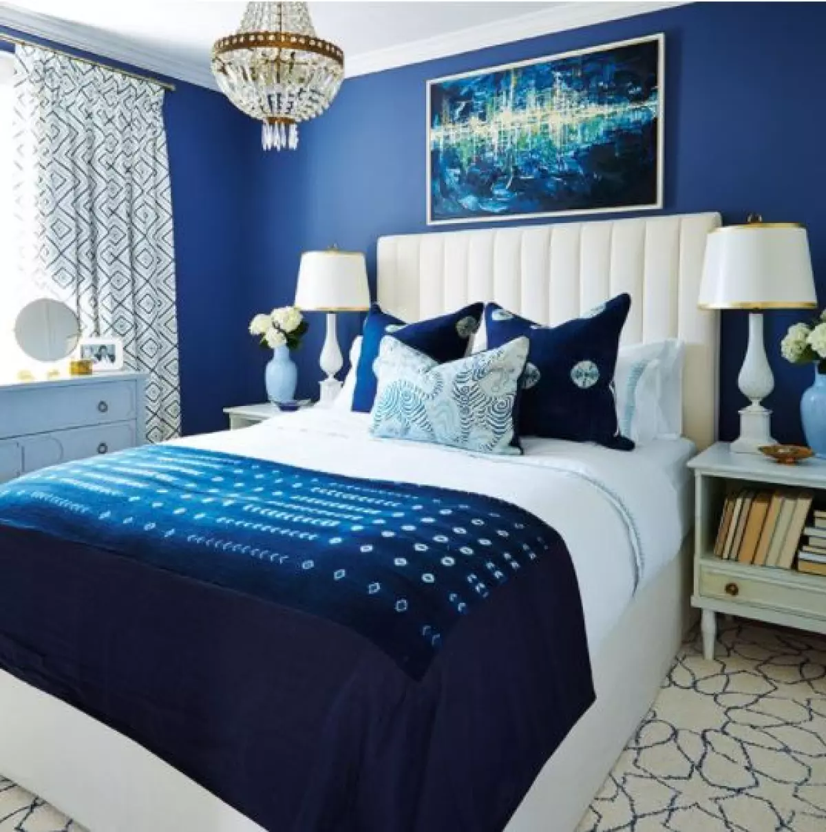 sapphire blue bedroom with jewel tones