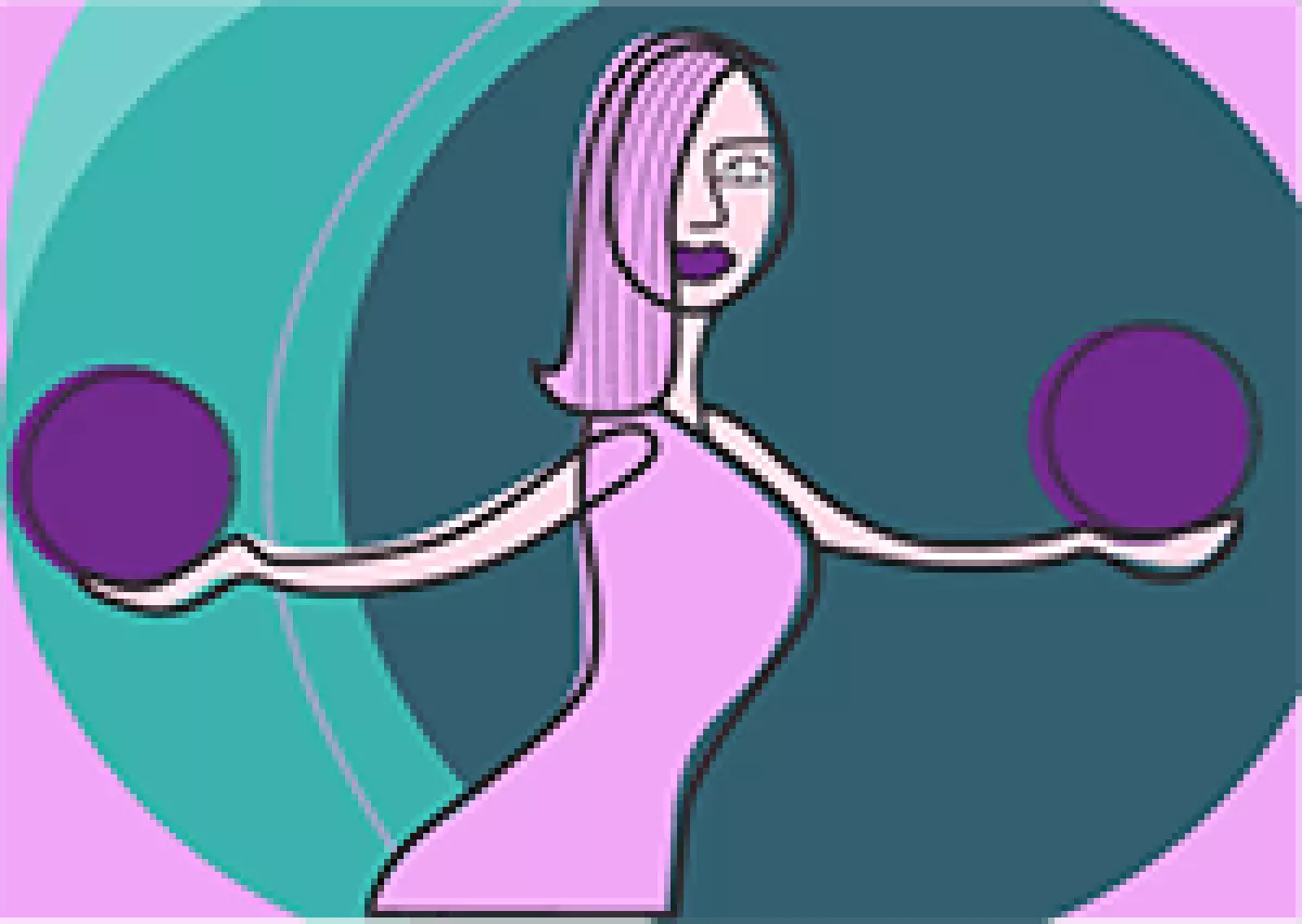 An illustration of a woman holding a ball of equal weight in each hand, representing the Libra balance or scale.