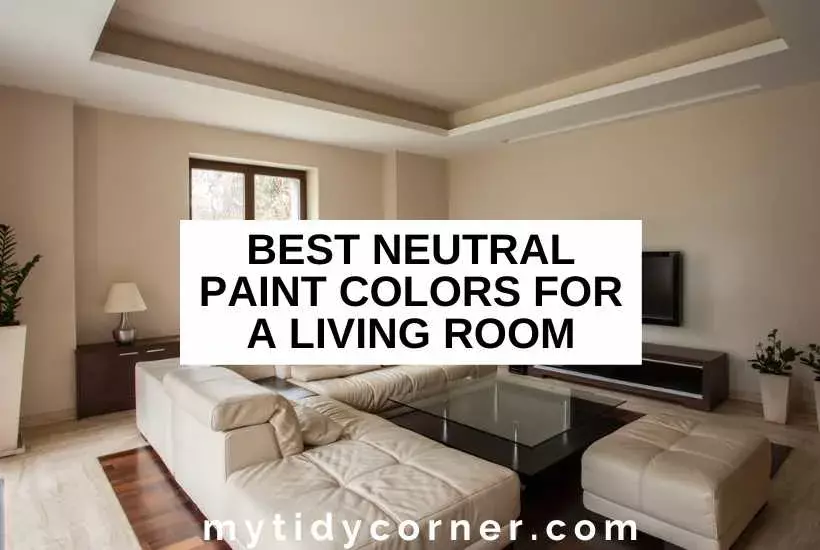 A modern living room and text overlay that reads "11 Best Neutral Paint Colors for a Living Room"