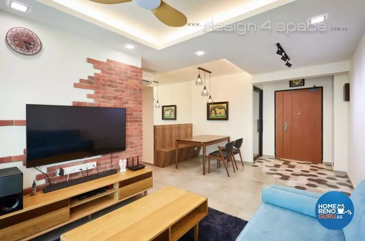 Living room with hexagonal floors and bold colors