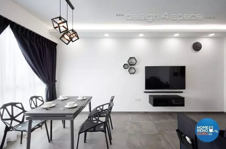 Spacious dining room with modern geometric shapes