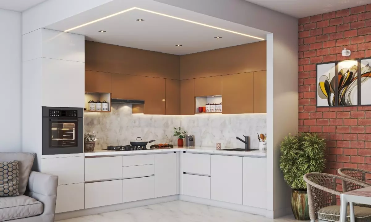 Brownish copper kitchen units are housed within white open-plan kitchen